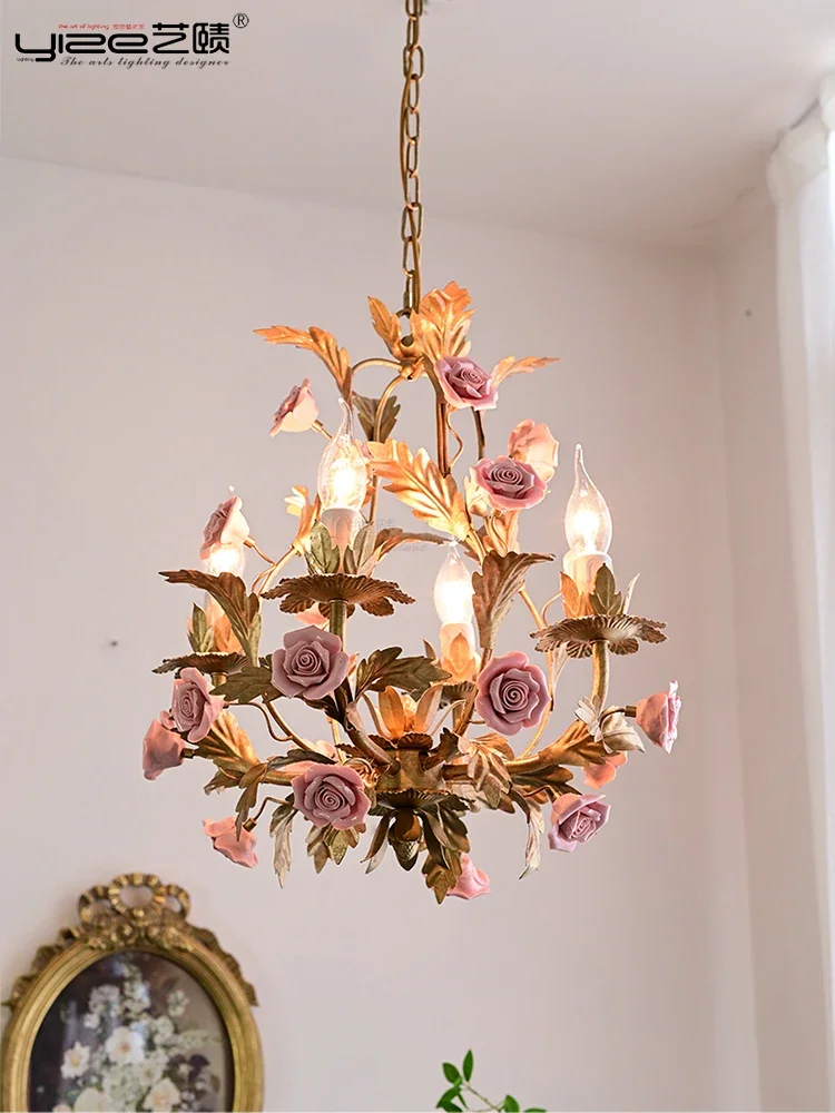 Floral E14 Led Chandelier rose Copper ceramics Chandeliers Dining Living Room Girls Bedroom Home Lighting Lighting Fixtures