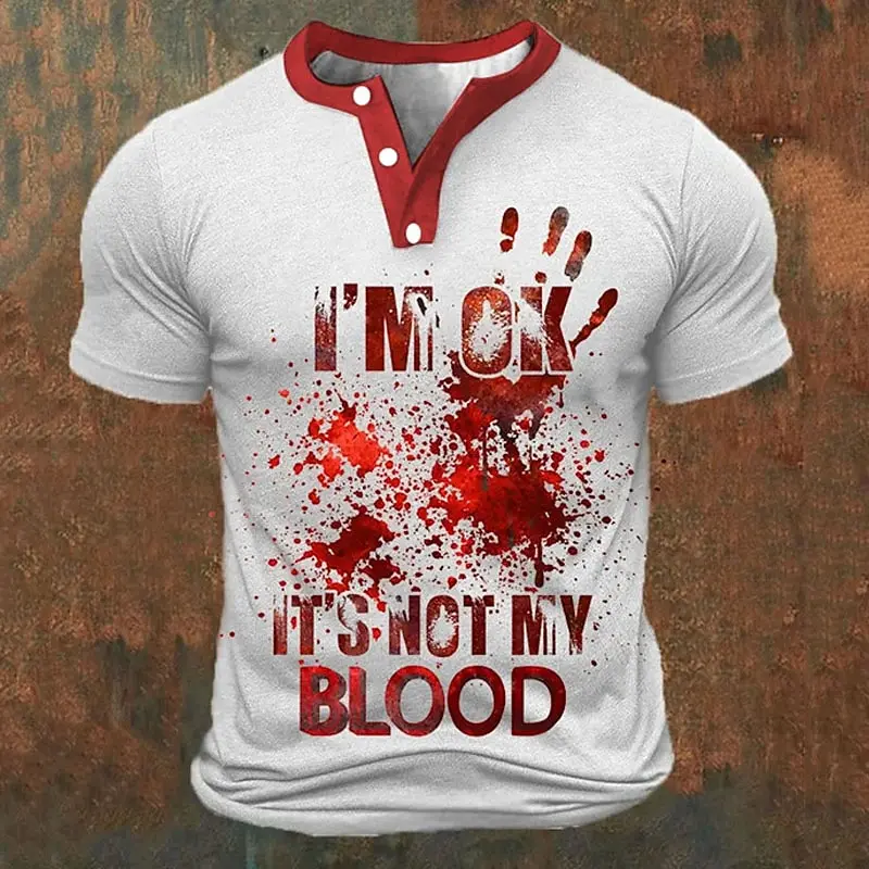 Funny 3D Letter Print Men's Henley Shirts Summer Street Clothing Fashion Loose Tees Casual Henry Collar Short Sleeve Button Tops view 4