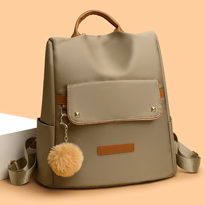 Korean Style Casual Backpack for Women Nylon Oxford Cloth School Rucksack with Pom Pom Pendant Lightweight Waterproof Travel Bag