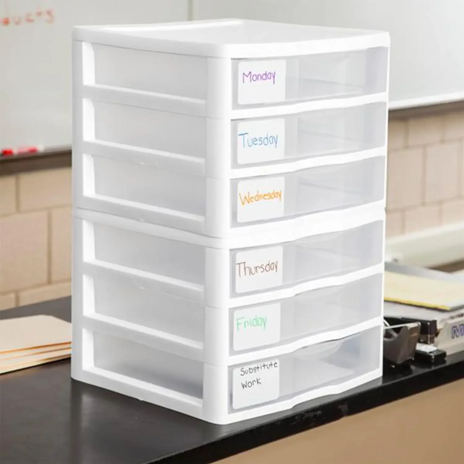 Clear Plastic Stackable Small 3 Drawer Storage System for Home Office, Dorm Room, or Bathrooms, White Frame, 3 Pack