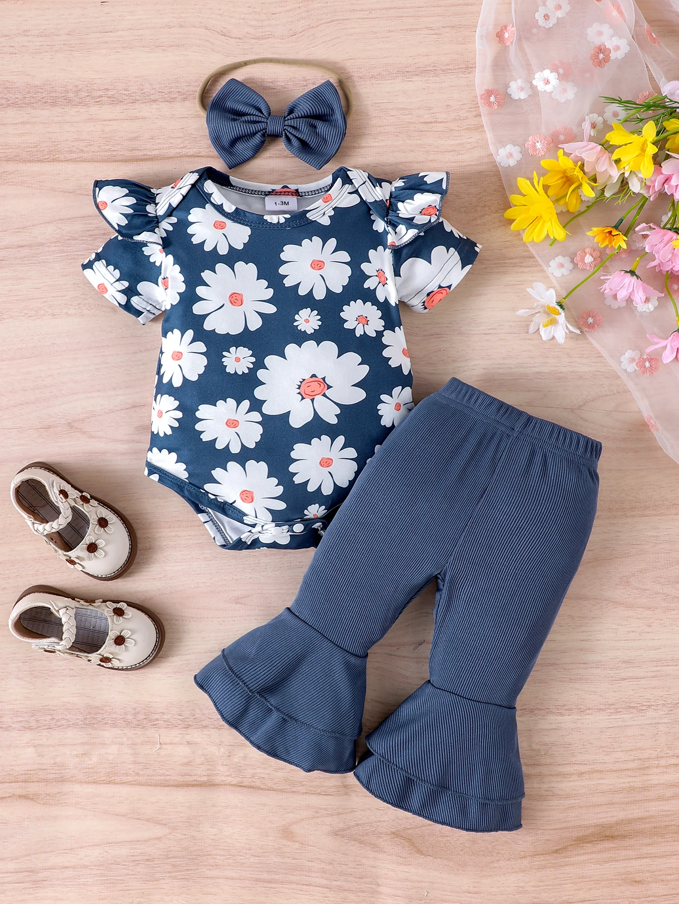 

3 шт., новый летний стиль для девочек 0-1 года, удобный и милый синий костюм с цветочным узором + брюки-труба