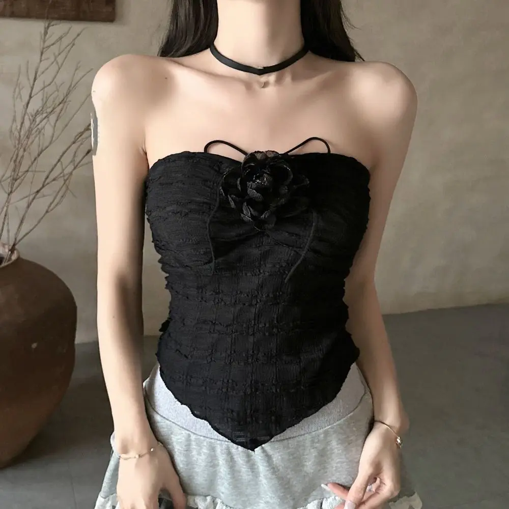 

Irregular Pleated Halter Flower Camisole Sweet Spicy Girl Suspender Vest Sleeveless Camisole with Pads Spring Summer