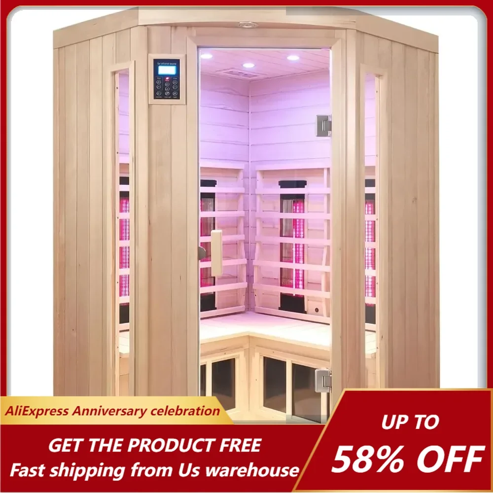 Ceramic Infrared Saunas for Home, Infrared Sauna, Low EMF Indoor Sauna, Hemlock Wooden Sauna Room with Bluetooth Speakers