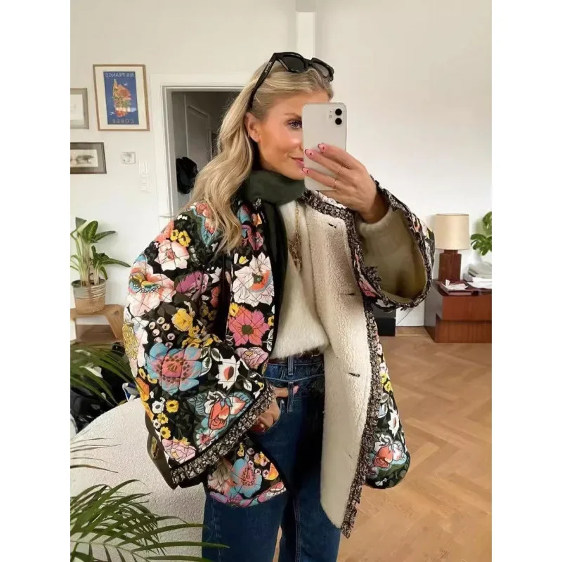 Vintage Floral Printed Cotton Coat Women Fleece Thick Warm Long Sleeve Loose Round Neck Single Breasted Quilted Jacket Women's