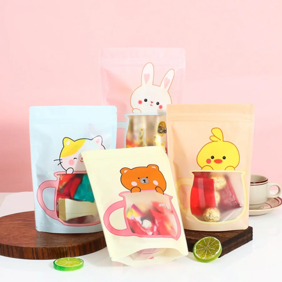 10pcs Cute Animal Print Stand up Gift Bags With Zipper for Small Business Packaging of Candy, Cookies, Snacks, Nuts, Biscuits