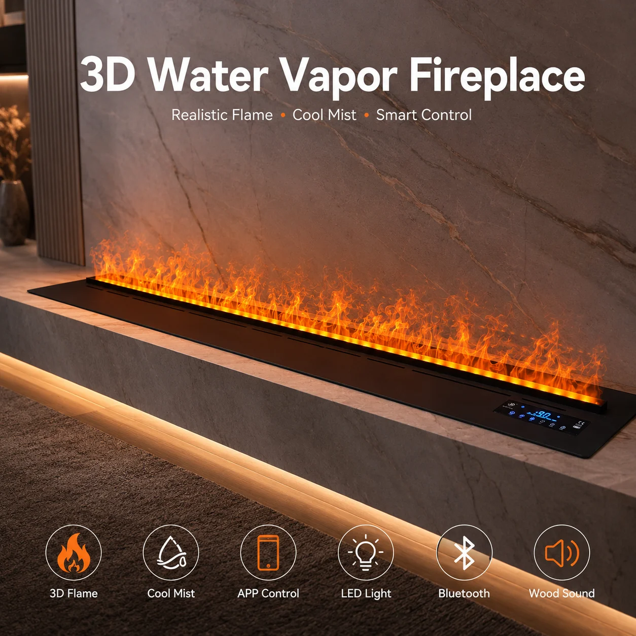 Stainless Steel 3D Water Vapor Fireplace Insert Modern Design Smart APP & Remote Control Auto Water Fill Living Room & Hotel Use