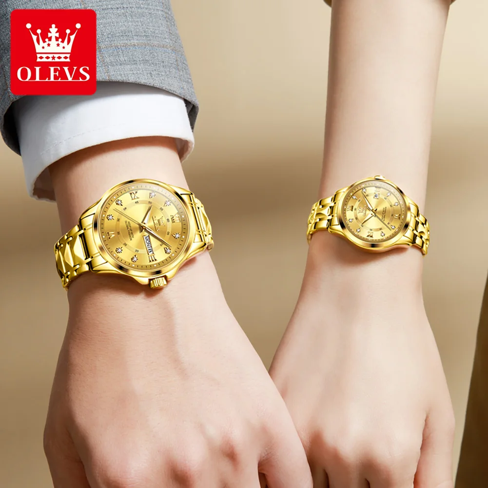 OLEVS-Paire de montres de couple de luxe pour hommes et femmes, bracelet en acier en forme de diamant, semaine calendaire, montre-bracelet à quartz,
