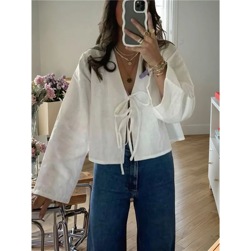 

Tie Front Tops For Women Y2K Cotton Shirts Flare Sleeve V Neck Clothes Casual Lace Up Bow- Blouses-A55G