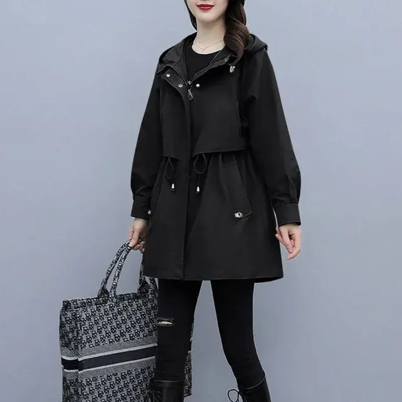 Women Autumn Hooded Trench Coat Fashion Drawcord Loose Pocket Solid Jacket Korean Office Lady Mid Length Casual Outerwear