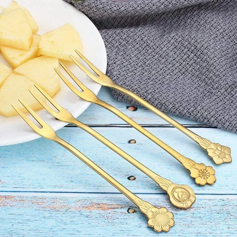 16Pcs 5.3 Inch Flower Stainless Steel Fruit Forks Dessert Cake Forks Salad Cocktail Fork Two Prong Dinner Fork