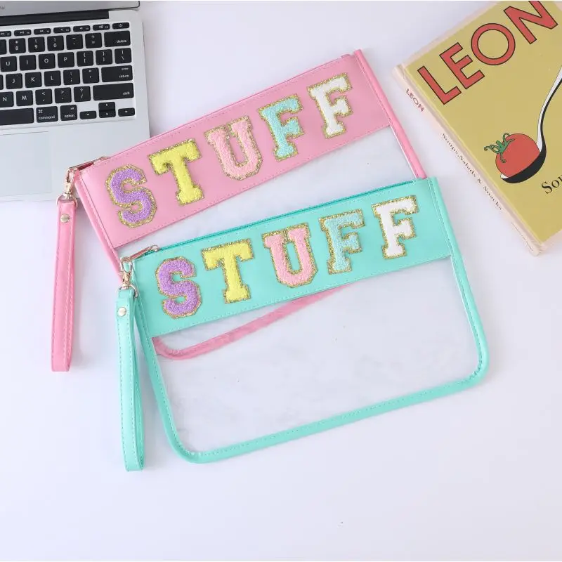 Dropshipping Clear Chenille Varsity Letter Zipper Pouch Travel Snacks Bag Storage Organizer Pouches for Women with Letters