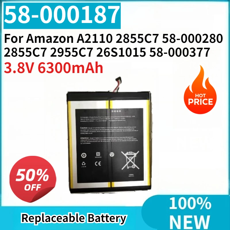 

New Replacement Battery 58-000187 3.8V 6300mAh for Amazon A2110 2855C7 58-000187 58-000280 2855C7 2955C7 26S1015 58-000377