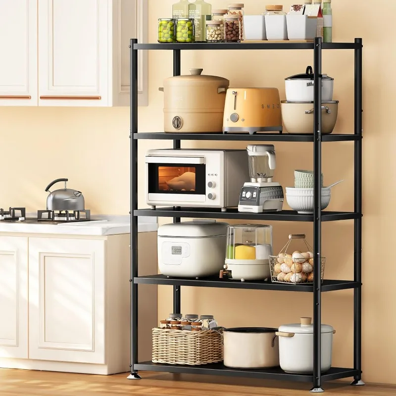 5 Tier Adjustable Kitchen Storage Shelves with Wheels, Shelving Unit Bookshelf Utility Shelf Metal Storage Rack