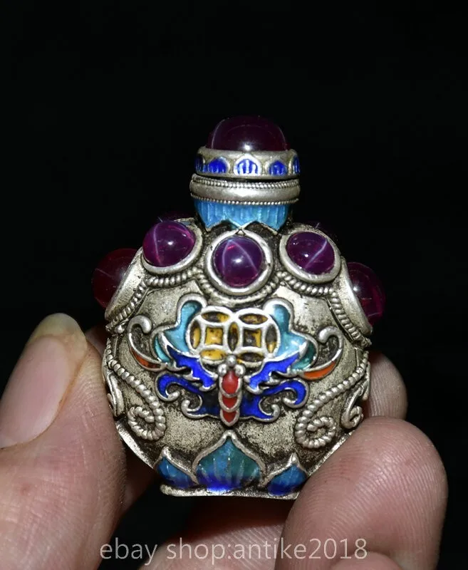 

3.4 Inch Rare Chinese Old Dynasty Gold Inlaid with Gemstones Bat Coin Snuff Bottle Sculpture gilded Brass
