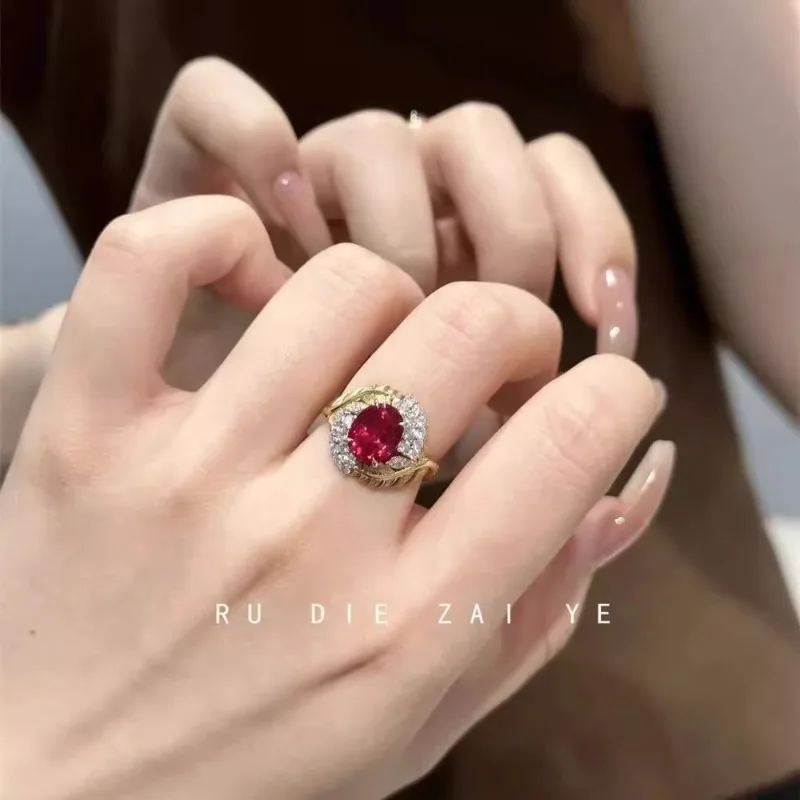 

Bordeaux Red Wine~ Vintage Wheat Ears Retro Red Zircon Ring Light Luxury High-end Open Ring