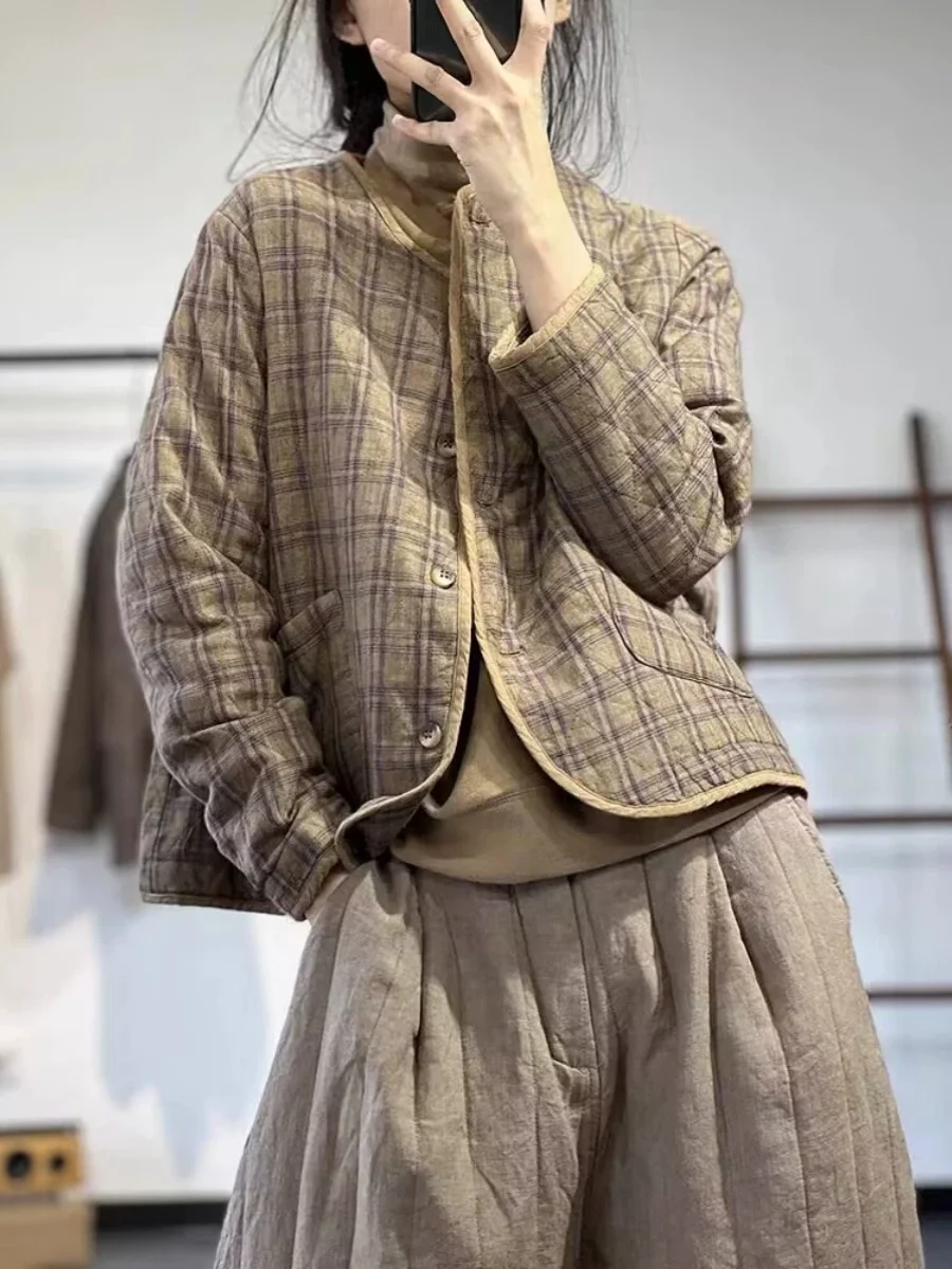 

Women's Plaid Cotton Jaet ort Loose Casual Baseball Sle Autumn Faion Retro Thiened Long Sve Stand Collar Coat