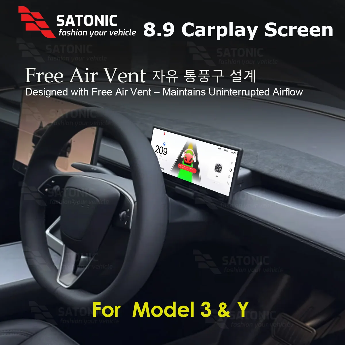 SATONIC 8.9'' Digital Instrument Cluster Carplay Dashboard For Tesla Model 3 & Y Free Air Vent Support OTA RHD LHD Plug & Play