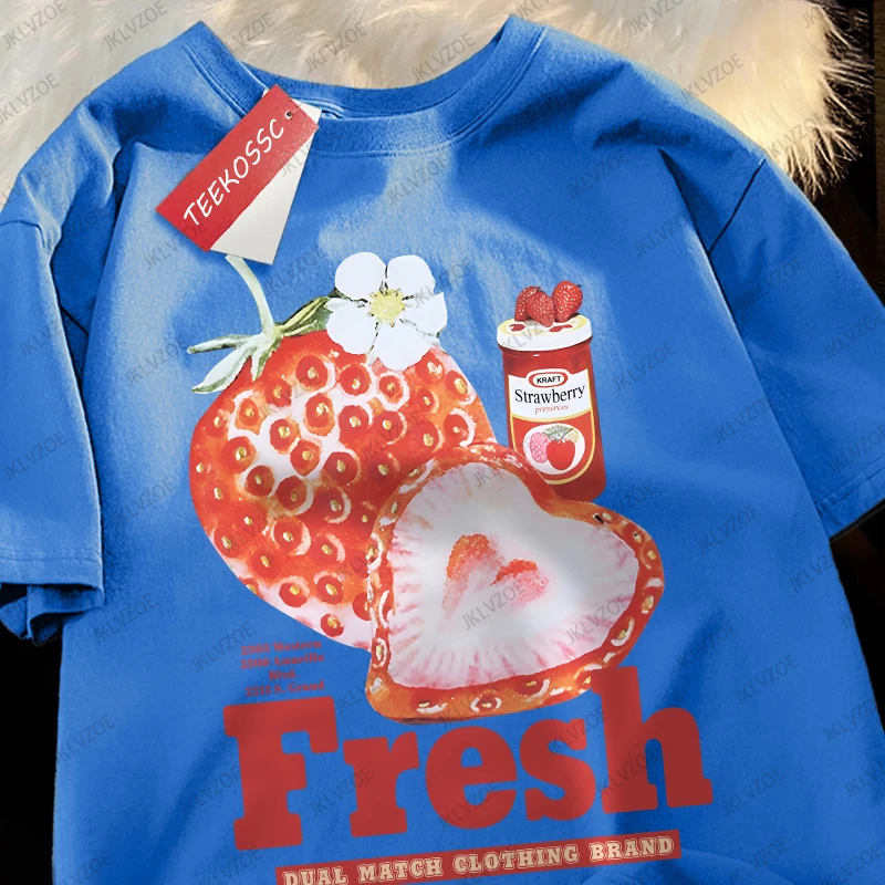 Fresh Strawberry American Retro Creative Printed Short Sleeve T-shirt Women Trendy Brand Loose Versatile Half Sleeve Unisex Tops