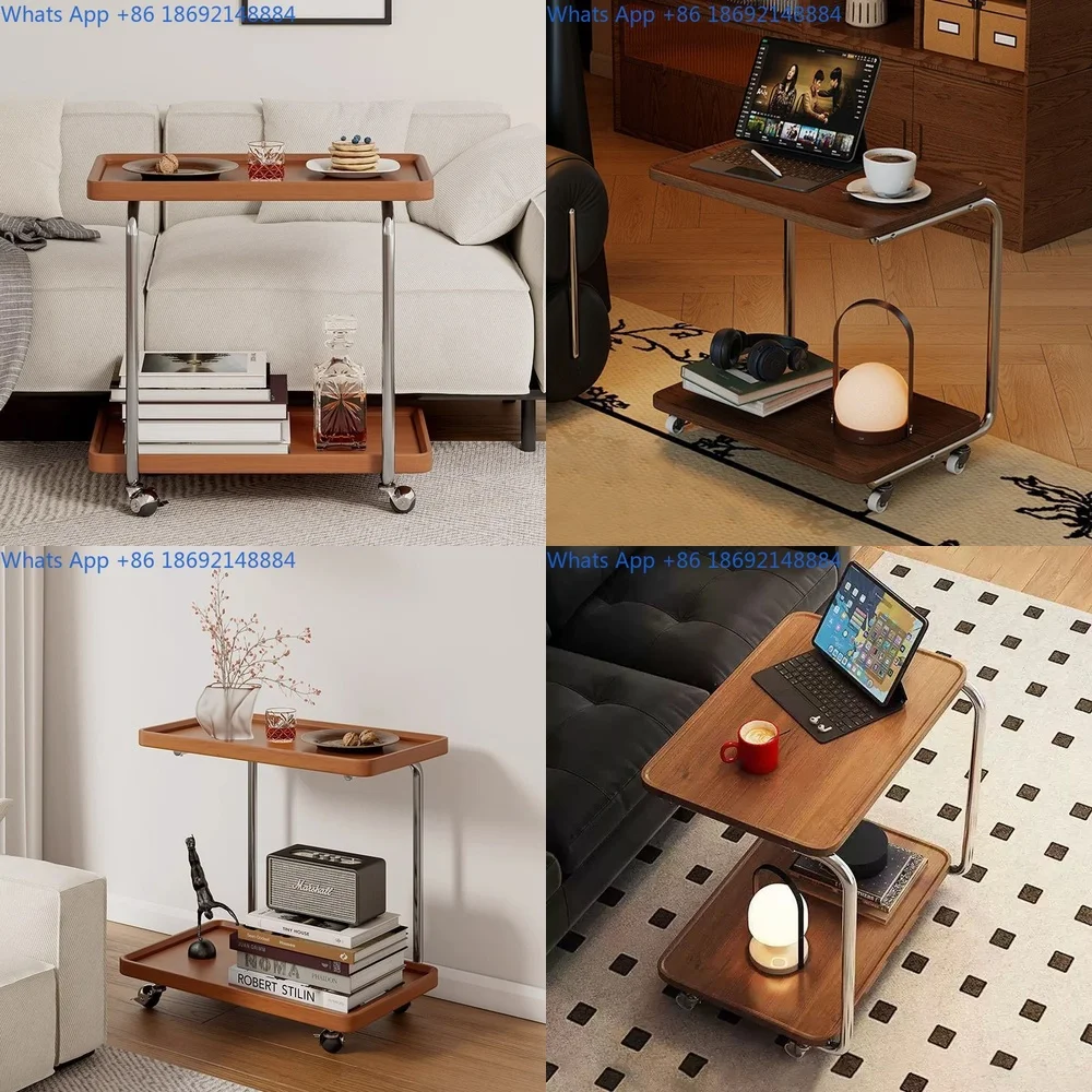 

Portable Double Deck Side Table for Living Room Bedroom Sofa with Mobile Cart and Storage Rack Minimalist Design