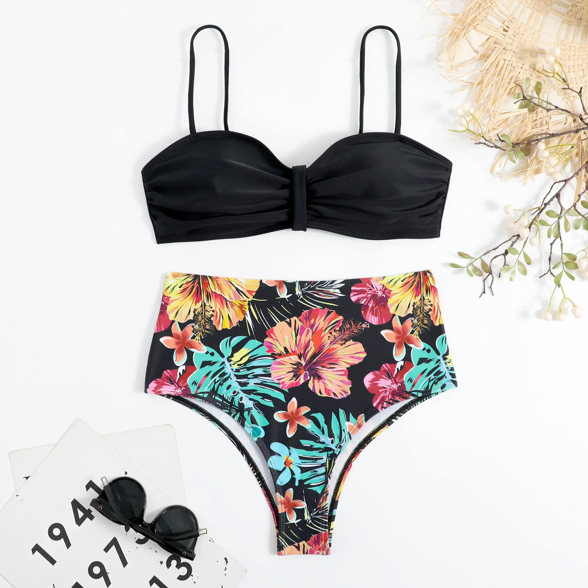 2Pcs/Set Women Bikini Set Pleated Bandeau Adjustable Straps Bra Briefs Set Solid Color High Waist Floral Swimwear Beachwear