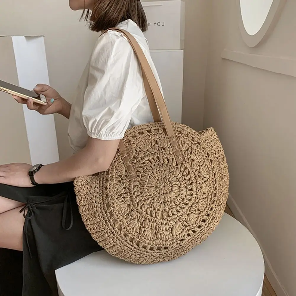

New Round Straw Weave Bag Handmade Hollow Straw Tote Bag Boho Large Capacity Woven Shoulder Bag Summer