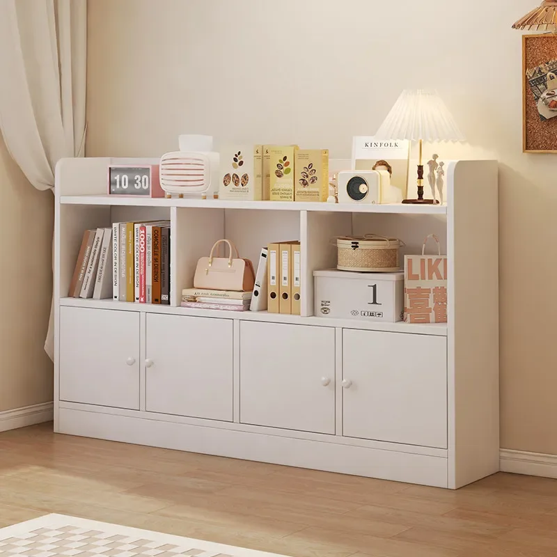 Solid wood low cabinet bookshelf shelf floor-to-ceiling children's bookcase with door, simple storage against the wall, free com