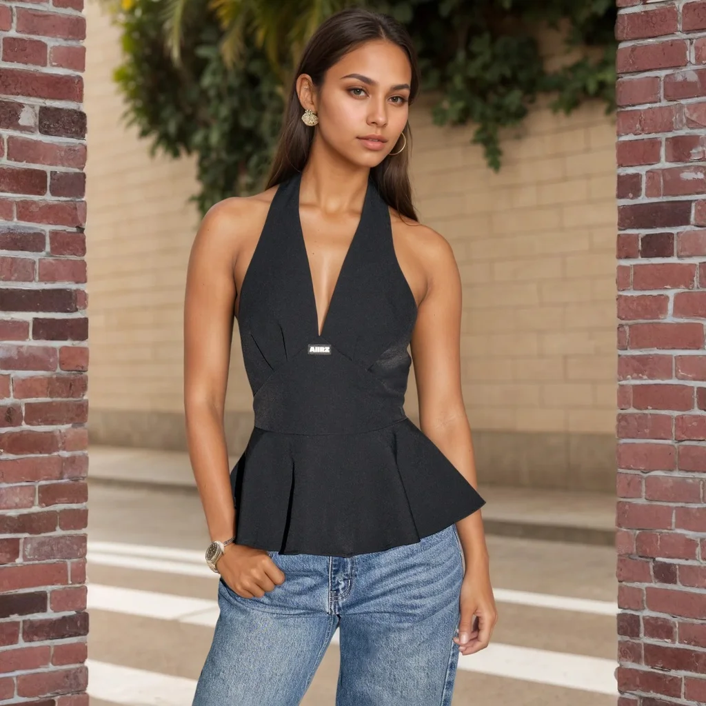 Frauen Schwarz Neckholder Schößchen Top Ärmellos Tiefem V-ausschnitt Reißverschluss Zurück Elegante Sexy Club Party Sommer Bluse Shirt