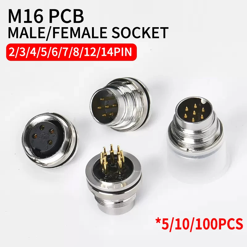 Conector Impermeável do Painel do Pwb Soquete Reto Masculino e Feminino de Jack Ip67 e 68 Tamanho 18 mm 12 14pin M16 10 100sets