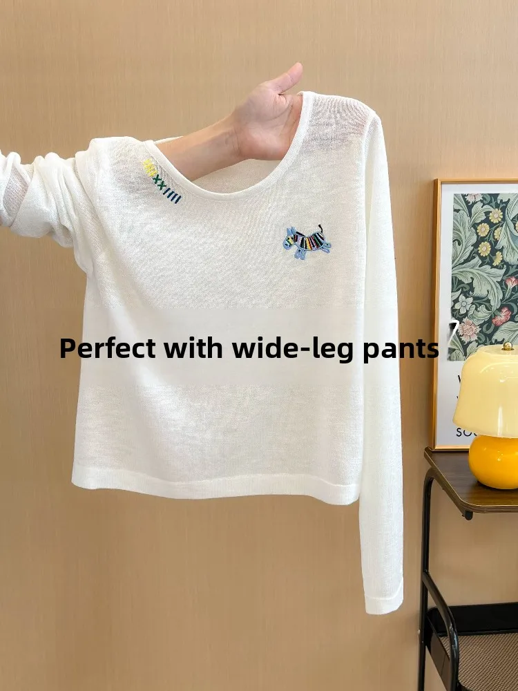 Casual Loose Long Sleeve Embroidered T-Shirt Women's Autumn White Small  Thin Outerwear Top Breathable Moisture Wicking