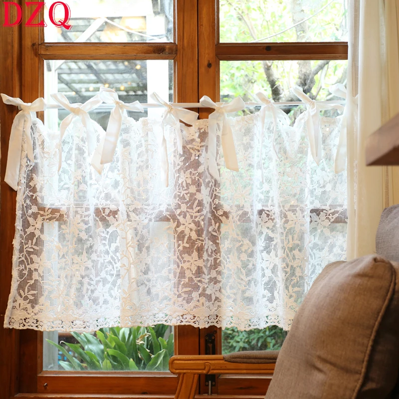 

130*60 Korean Sweet Tether Bow Tie Short Curtains for Kitchen White Lace Half Curtains Window Valance Tulle Curtain #A322