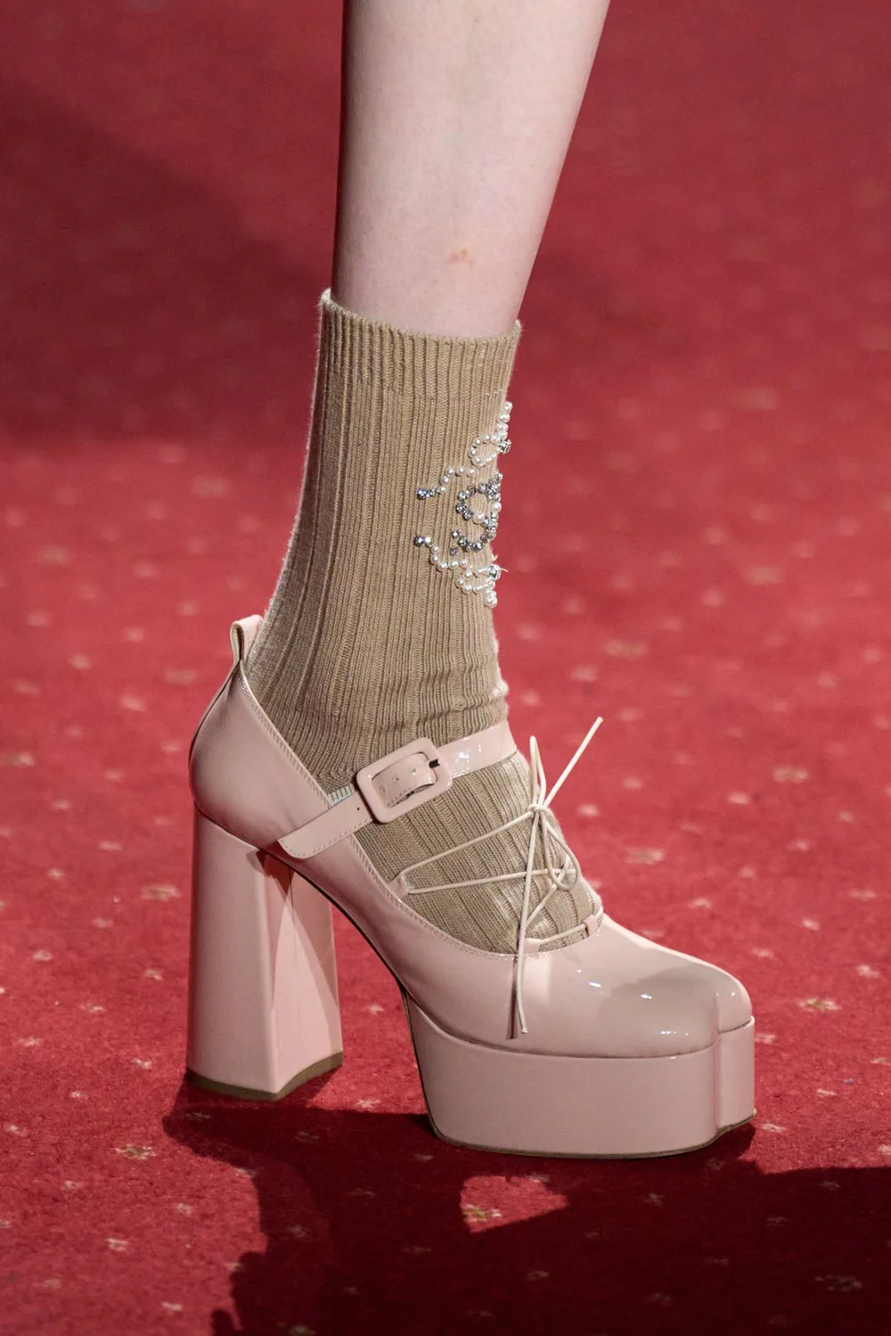 

Blush Patent Leather Platform High Heels Ankle Strap Lace-Up Accent Chunky Block Heel Sweet Design for Y2K-Inspired Looks