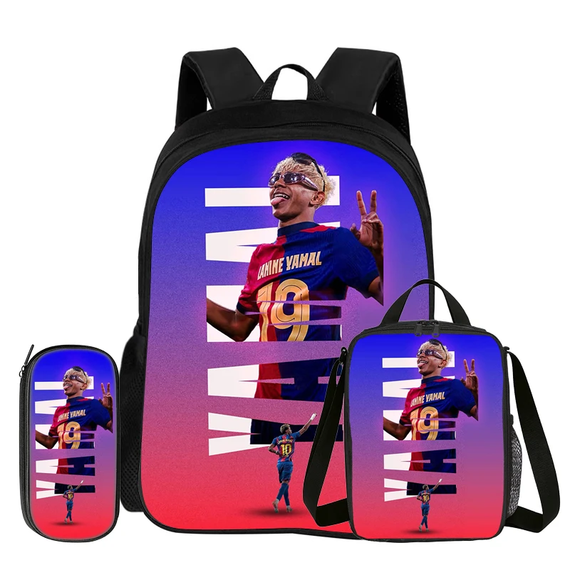 Football Sport Backpack L-Lamin Yamal 3Pcs Set School Backpack Learn, Travel Pencil Bags, Lunch bag, Football Star Bookbag