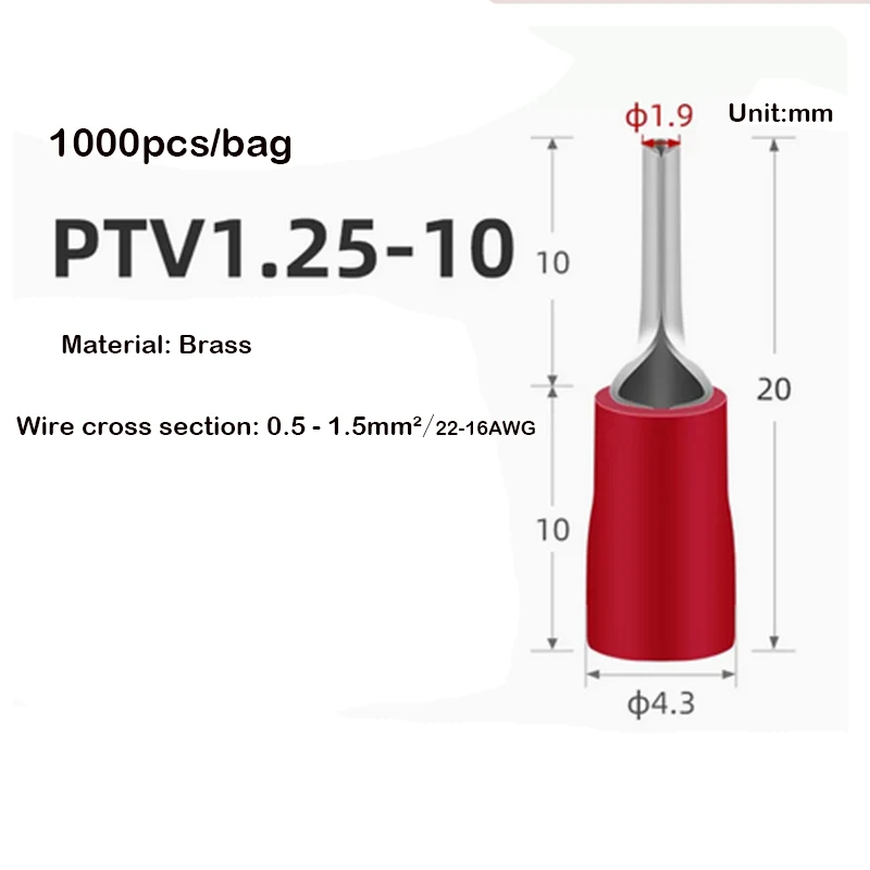 Imagem -02 - Isolado Pin Terminais Elétricos Splice Friso Conector Auto Fiação Ptv1.25-10 1.25-12 Ptv2-10 Ptv5.5-13 1000 500 Pcs2216awg