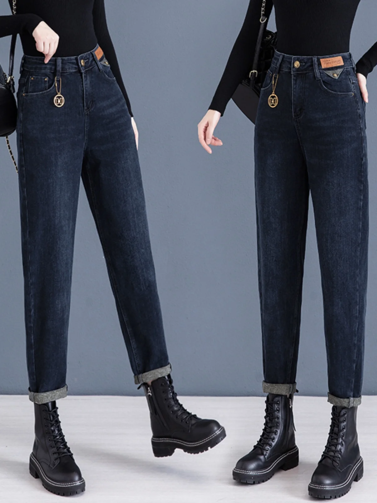 

Retro High Waist Mom Jeans Women's Spring Autumn New Style Slim Pattern Design Harlan Pants Small Size Dad Jeans