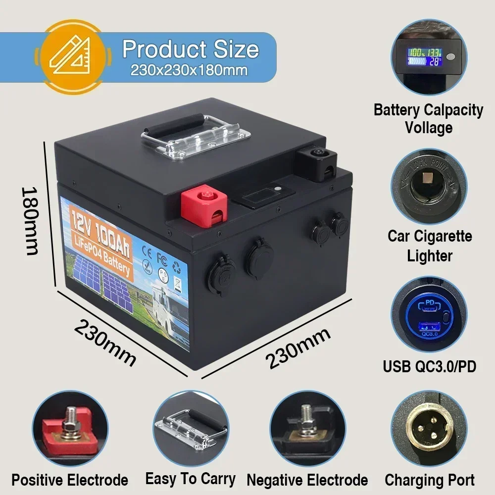 12V 100AH LiFePO4 Cells Built-in BMS Lithium Iron Phosphate Battery Pack 6000 Cycles For RV Campers Golf Cart Solar With Charger