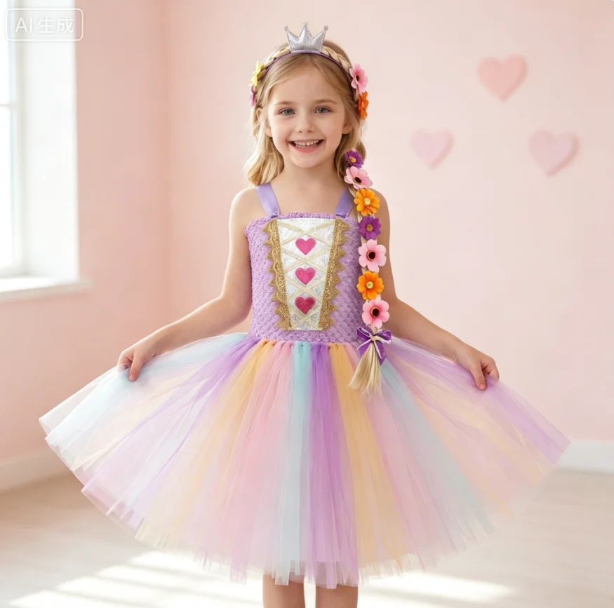 New Summer Sleeveless Heart Princess Mesh Tutu Dress With Fairy Wings Headband Outfit Holiday Stage Performance Fancy Party Wear
