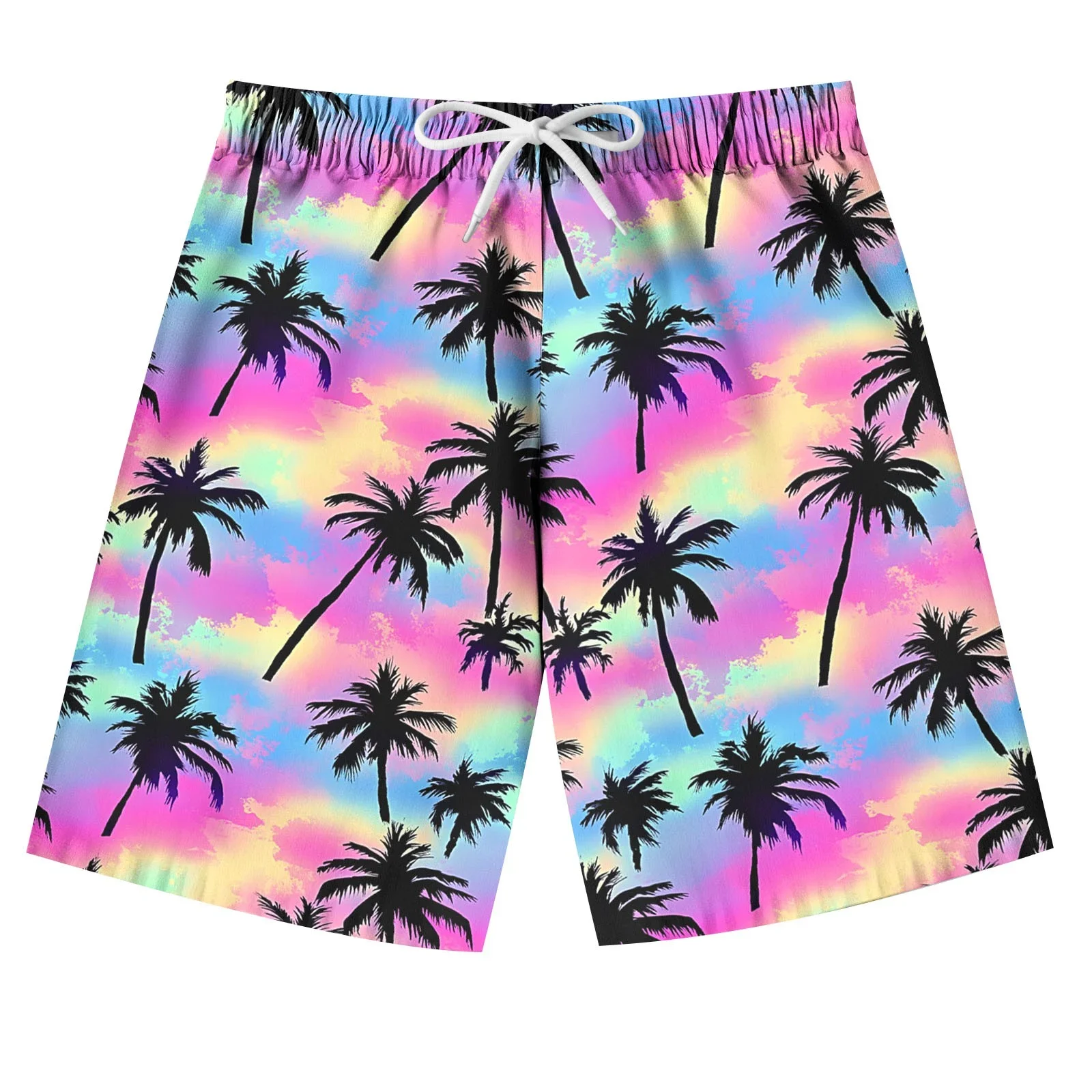 Adult and Children's Hawaiian-style Palm Tree Shorts, Dopamine Color-block 3D Print with Retro Gradient Sunset