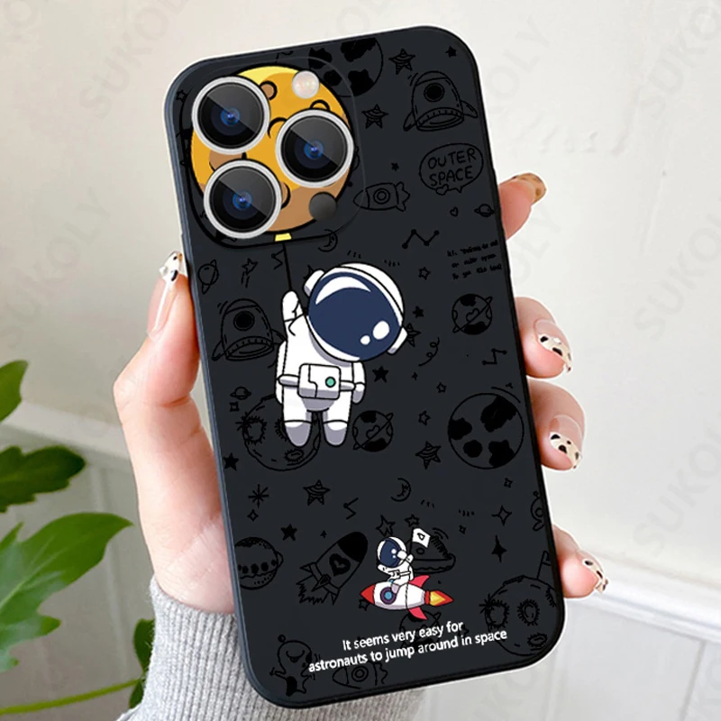 Cartoon Astronaut Pattern Case For iPhone 16 15 14 Pro Max 11 12 Shockproof Silicone Soft Phone Cover For iPhone 13 14 15 16 Pro