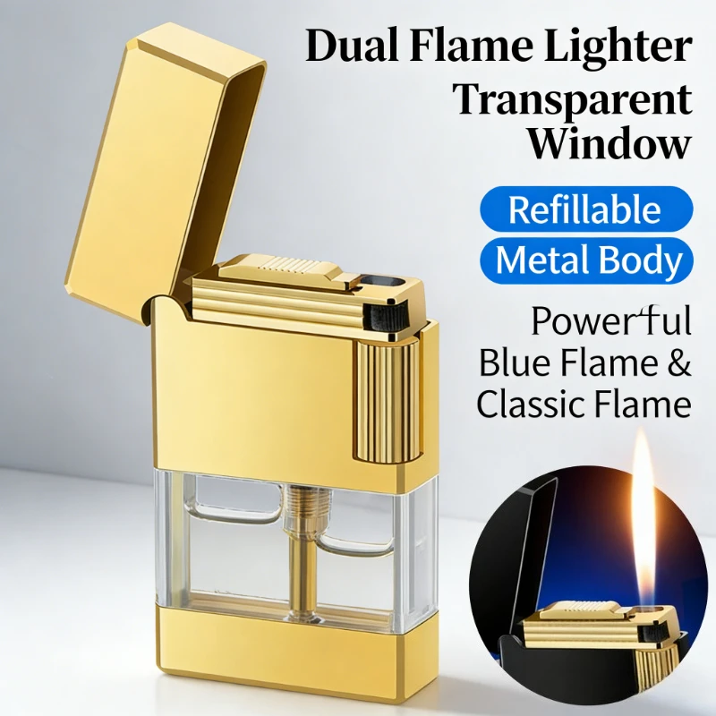 

Premium Metal Dual Flame Grinding Wheel Lighter Transparent Body Windproof Butane Torch Compact Portable Novelty Gift