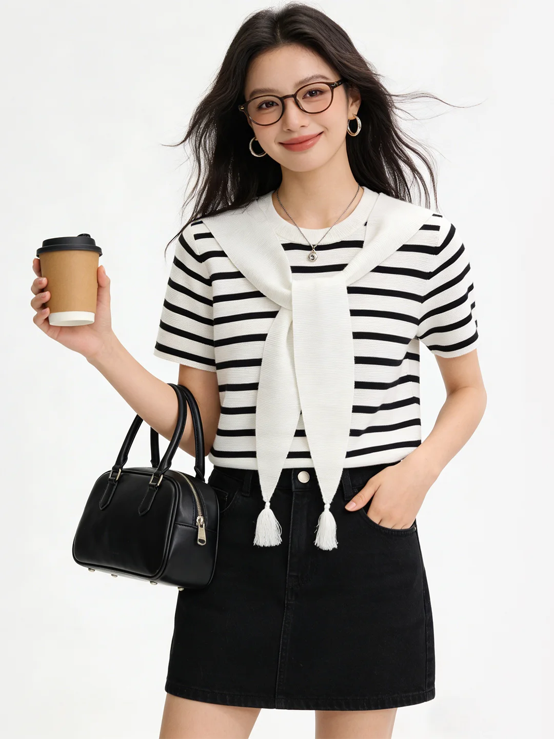 

Весенняя вязаная футболка в полоску с эффектом двухслойности, в студенческом стиле, омолаживающая, с коротким рукавом, круглым вырезом, в стиле колор-блок