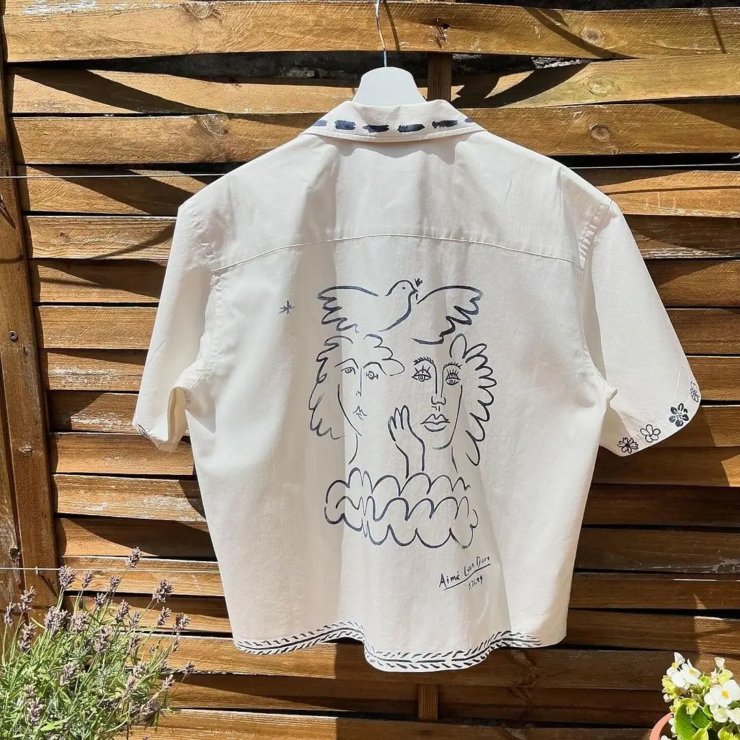 

ALD Lesvos Camp Shirt Dove Hand Drawn Modern Art Print Shirt Loose Casual Short Sleeve Blouse Unisex