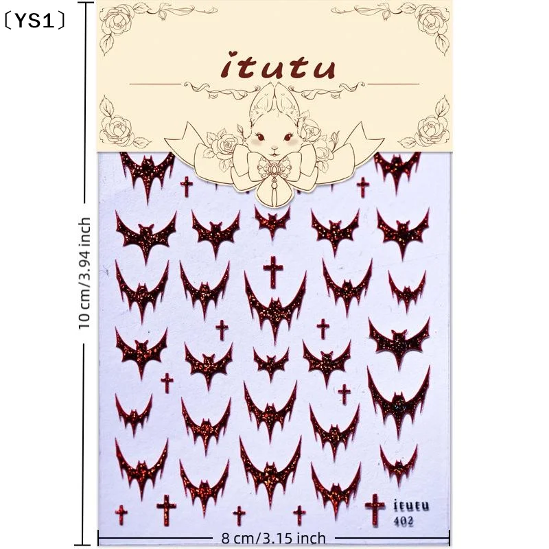 〔YS1〕Dazzling Laser Gothic Halloween Dark Bat Cross Adhesive Nail Art Sticker Decal For Manicure Shiny Red Silver Black Charm view 5