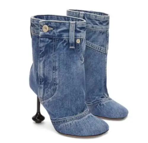 Inverno nuova moda donna blu Jeans neri in pelle Denim punta quadrata strani tacchi sottili stivali a metà polpaccio pantaloni corti femminili stivali