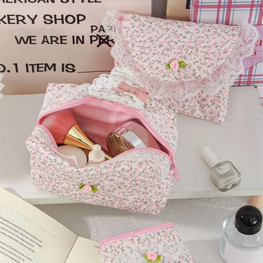 المرأة الدانتيل زهرة طباعة حقيبة مستحضرات التجميل سعة كبيرة ماكياج المنظم السفر حقيبة أدوات الزينة حقيبة التخزين طالب سستة مقلمة #1