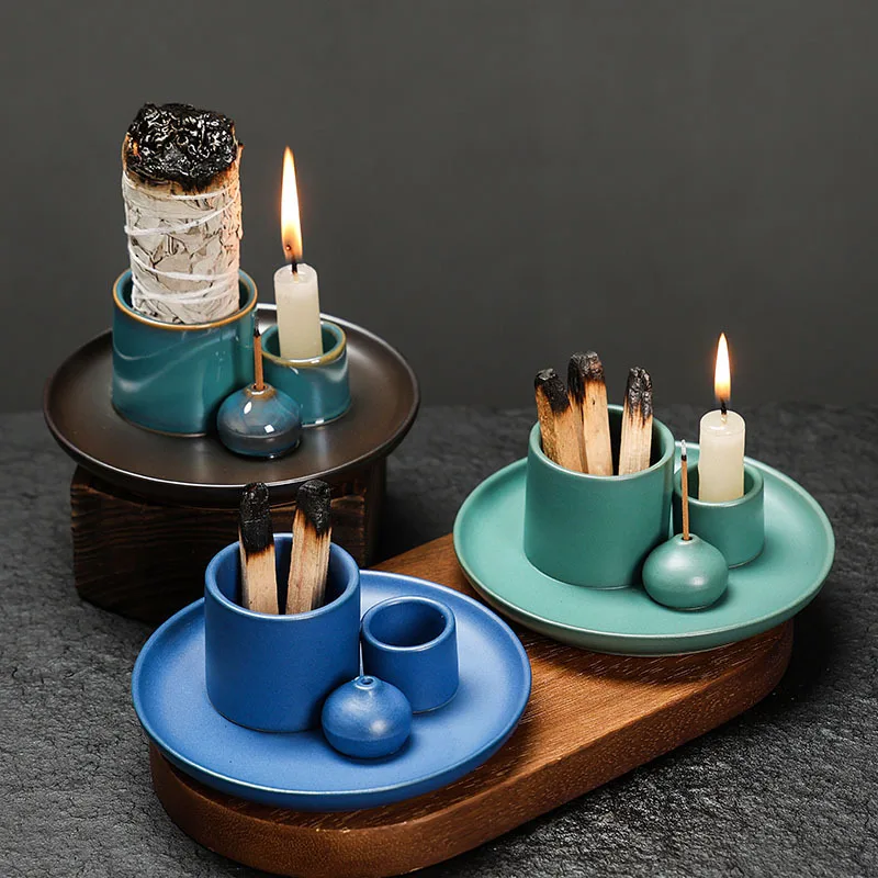 Morandi Color Glaze Blue Candle Holder Sage Smudge Tray Nordic Home Decor