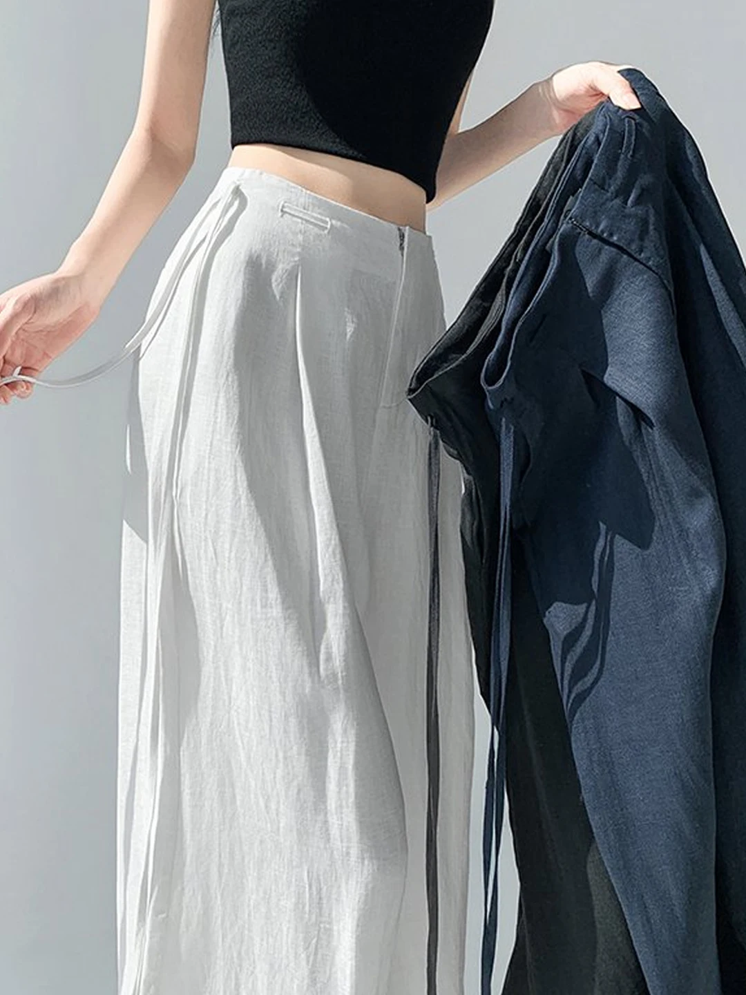 

High Waist Wide Leg Pants Side Tie Thin Summer Casual Straight Leg Pants Women's Fashion Korean Style Comfortable Breathable