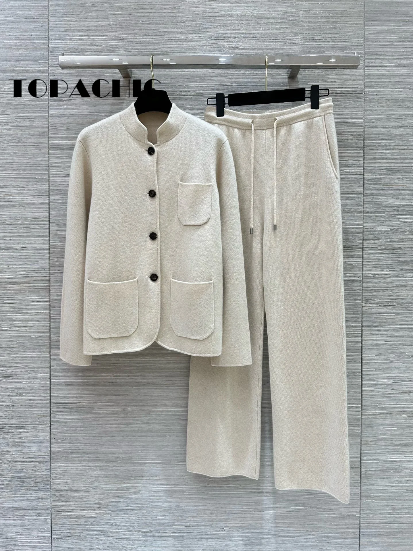 8.22 TOPACHIC Women Cashmere Knit 2 Piece Set Stand Collar Three Pocket Single Breasted Cardigan Or High Waist Straight Pants