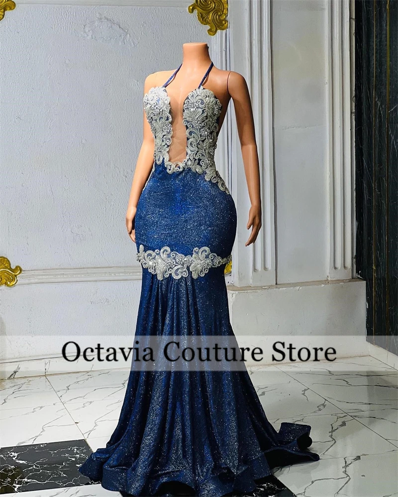 Royal Blue Halter Long Prom Dresses For Black Girls Bead Appliques 2024 Birthday Luxury Dress Sequin Graduation Gown Customzied