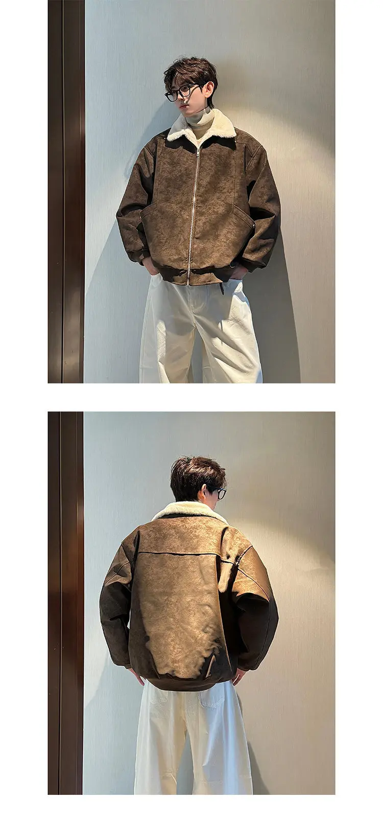 Winter Maillard Fleece Lined PU Leather Puffer Jacket Men's Thick Warm Couple Coat