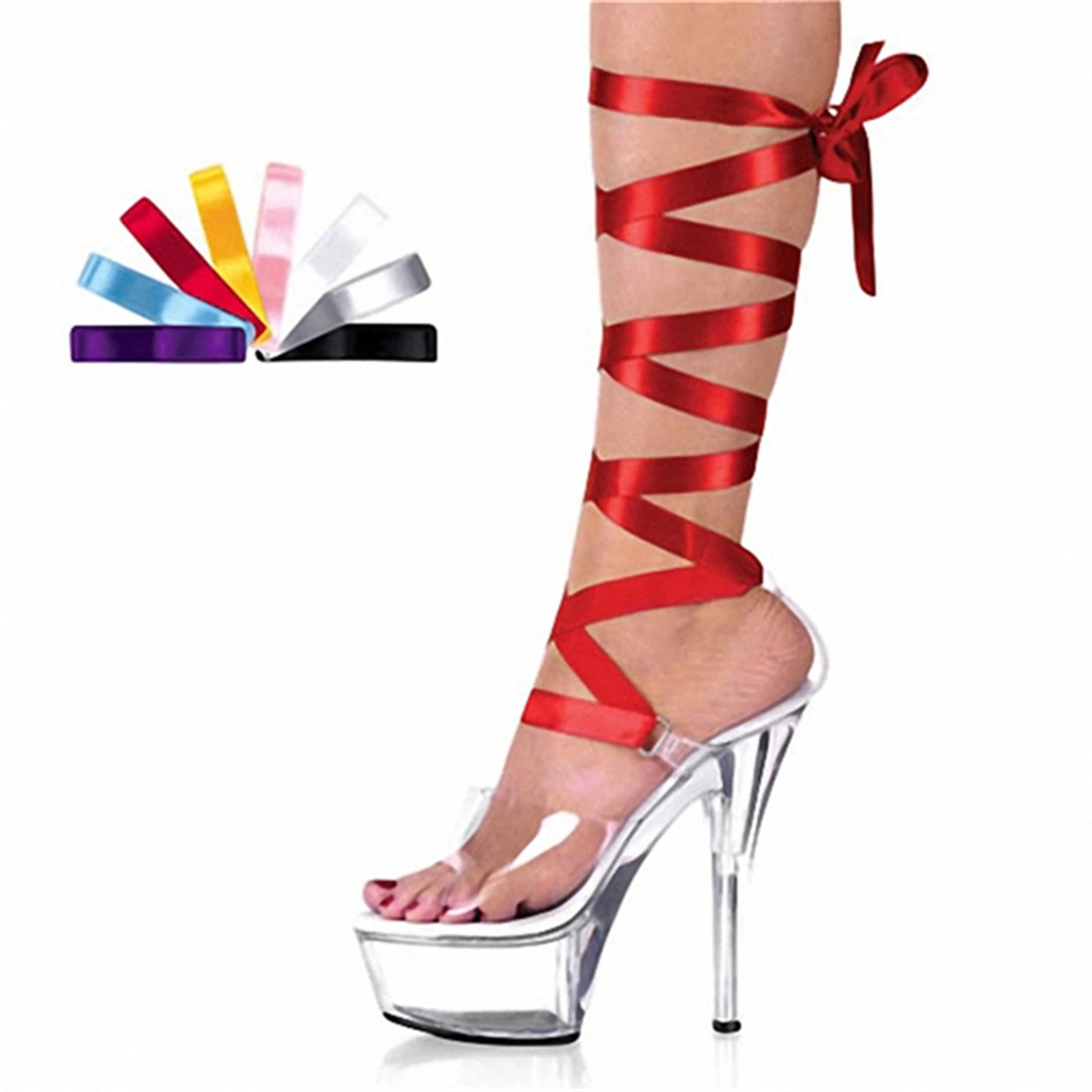 Customizable Clear Platform Sandals | 15CM Transparent Heels Ribbon Straps | Spiral Ankle Wrap Design Stage Performance Shoes
